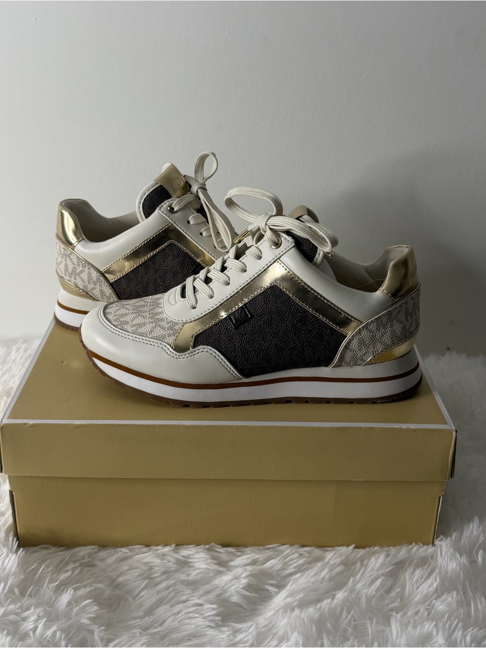 Michael Kors Cream, Gold and Brown Logo Mixed-Material Sneakers